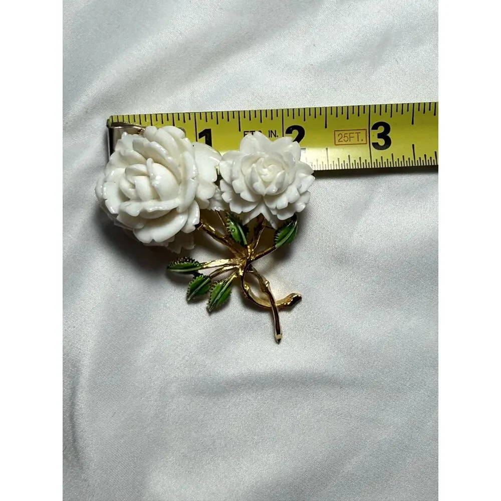 Vintage FELI White Rose Floral Brooch Gold Tone Enamel Leaves